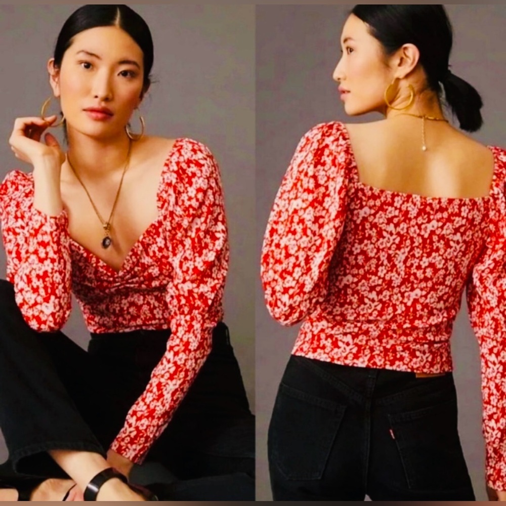 Anthropologie Cropped Juliet Blouse in Carmine Red and White Floral size Small